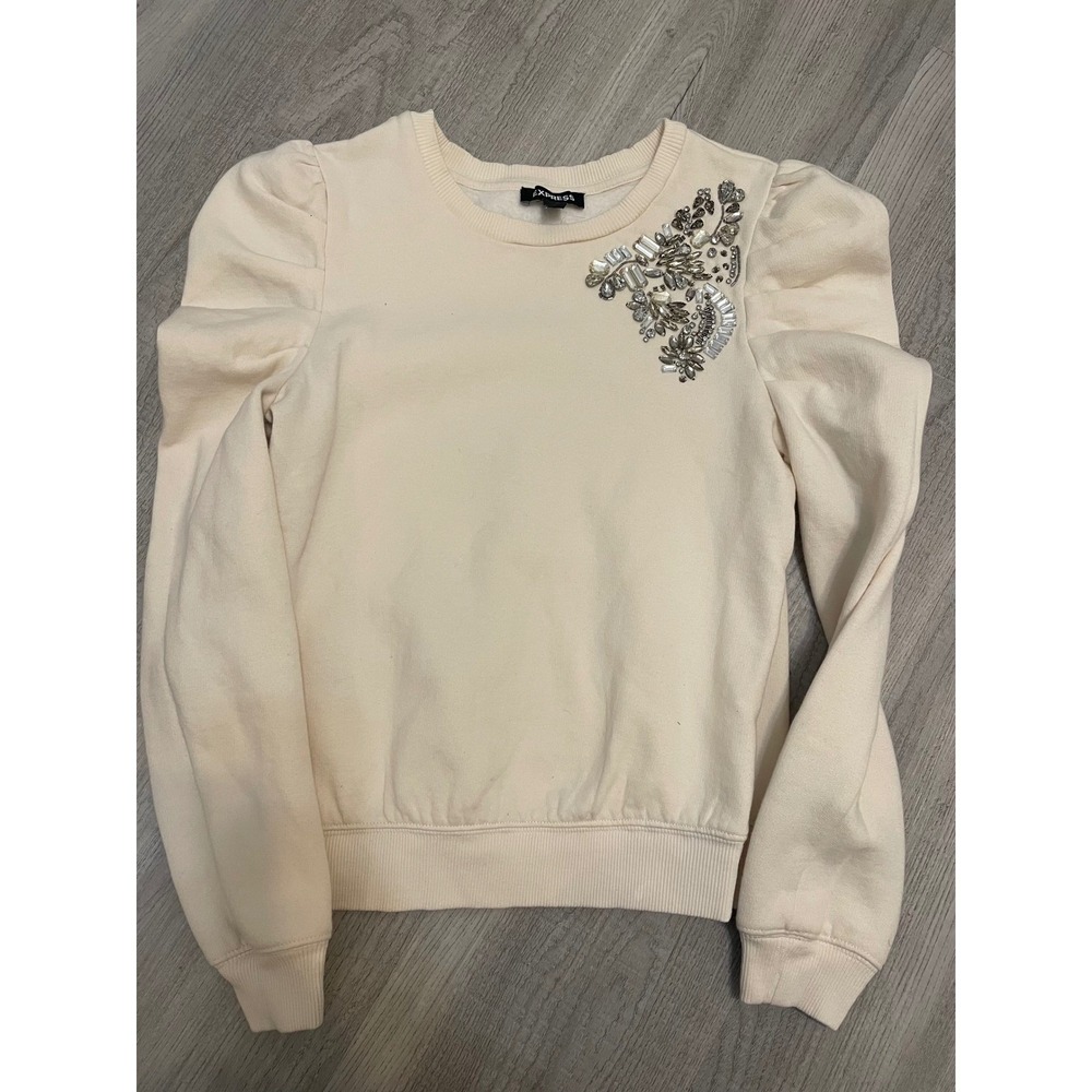 Express Cream Puff Sleeve Embellished Sweatshirt Women's XS